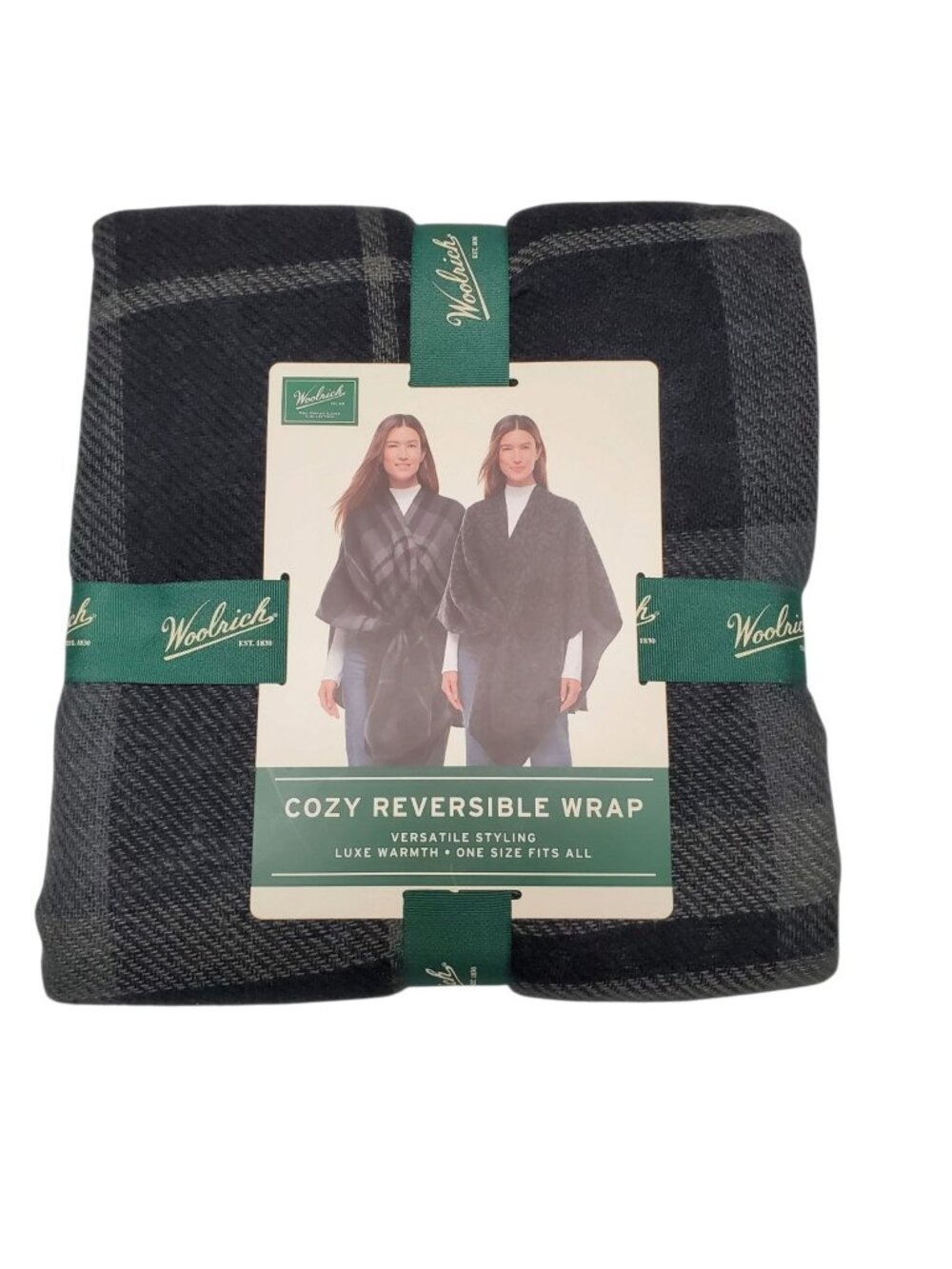 Woolrich Cozy Reversible Wrap Women's Gray Black Plaid Animal Print Shawl NWT O/